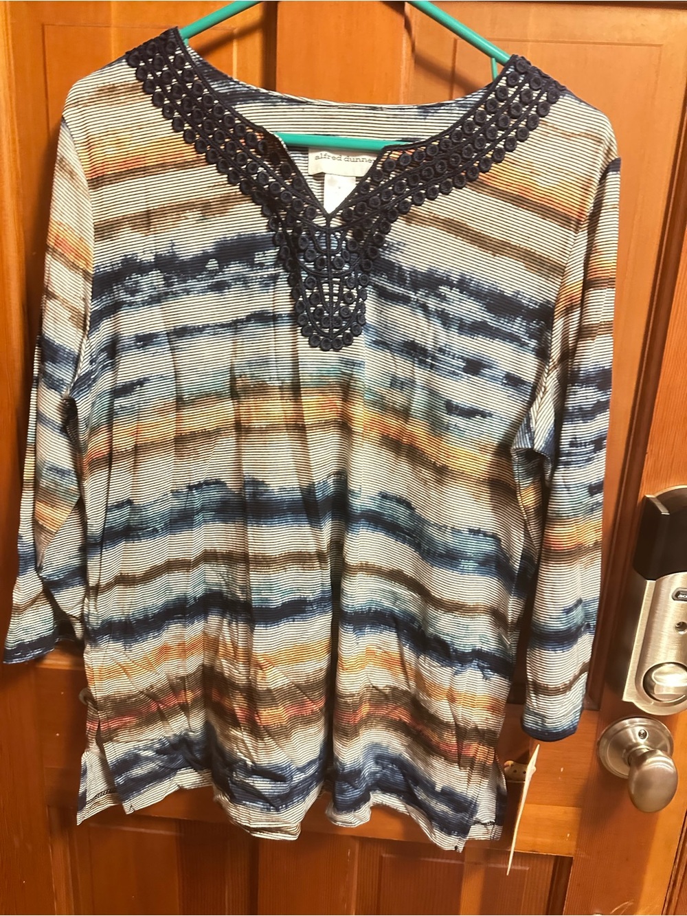 Alfred Dunner Striped Tunic with Navy Crochet Trim